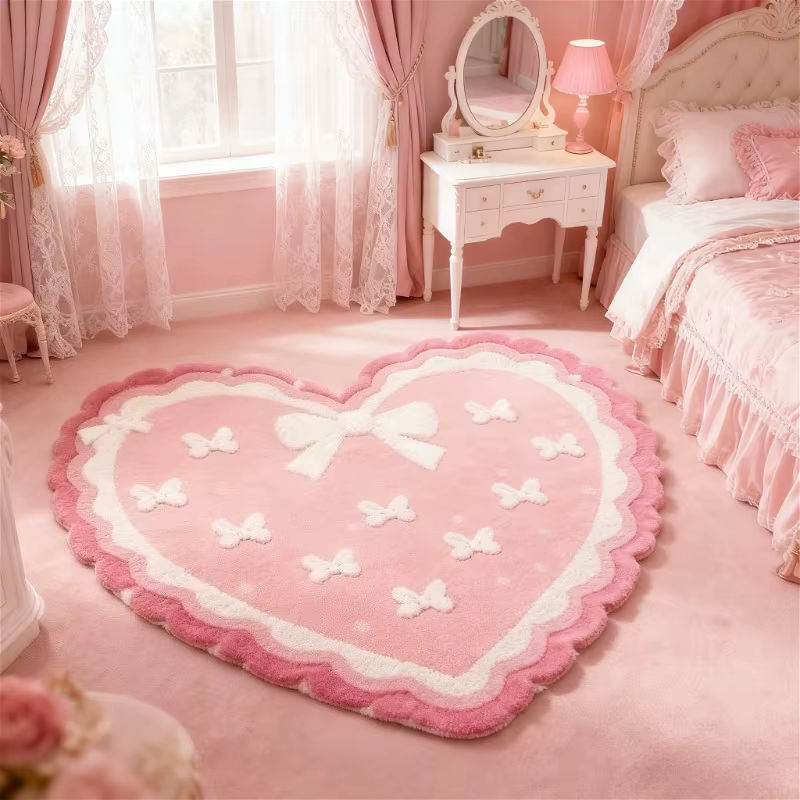 VIKAMA Herzförmiger Plüschteppich mit Schleife in Rosa für dein Schlafzimmer - Bild 2
