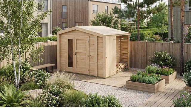 Weka Holz-Gartenhaus Killarney mit Satteldach in Natur Braun, B/T: 361 x 313 cm - Bild 1