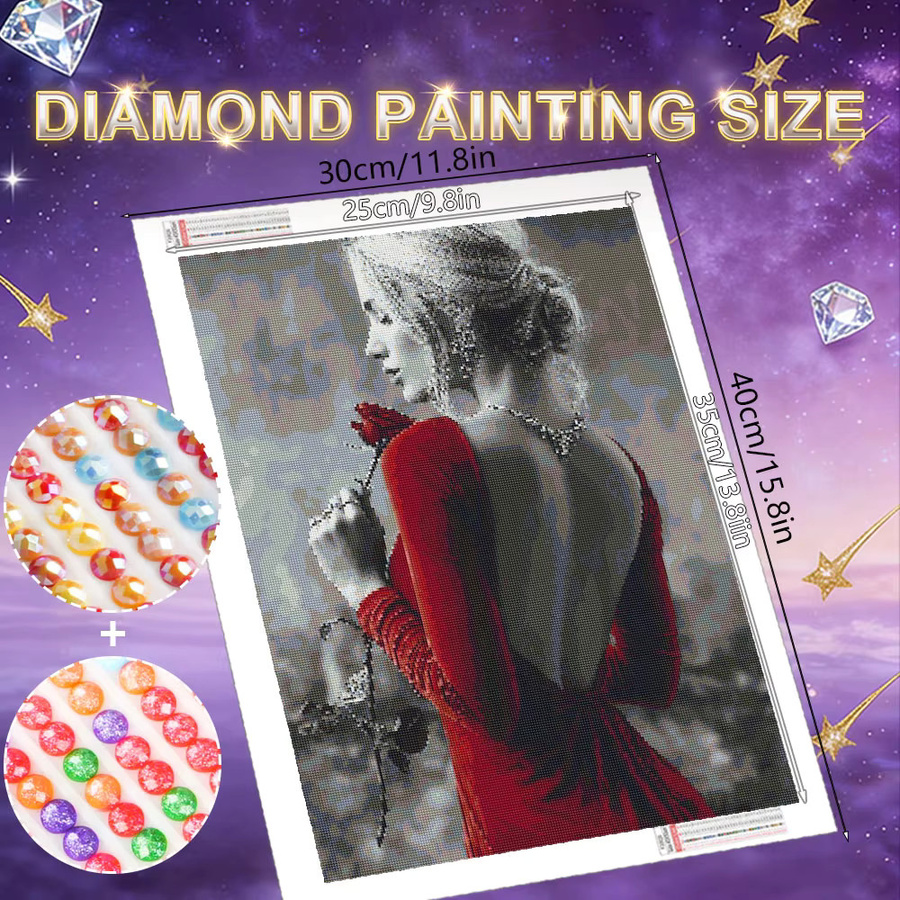 HUACAN Diamond Painting Wandbild Rosenroter Diamant mit Blumen und Frauenporträt in Schwarz-Rot, B/H: 20 x 30 cm - Bild 1