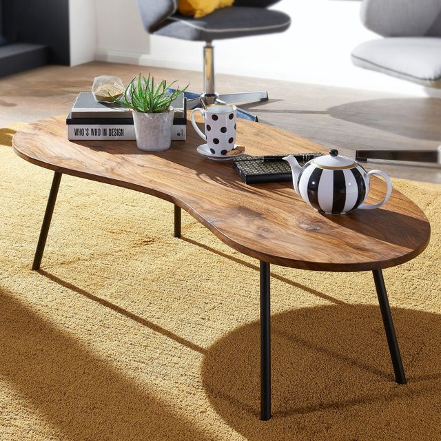 FineBuy Couchtisch FB50927 Nierentisch aus Sheesham Holz mit Metallbeinen, Braun, B: 122 cm, T: 36 cm, H: 63 cm - Bild 1