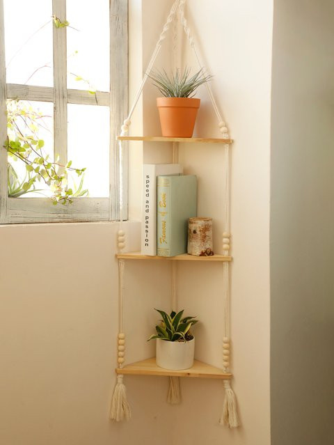 Handgewebtes Boho Eckregal aus Rattan und Holz in Beige, Wandregal für Pflanzen und Dekoration - Bild 1