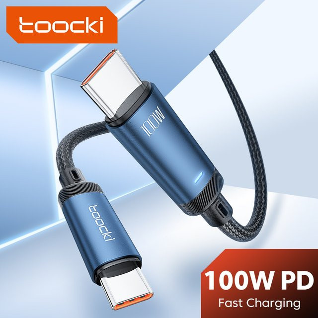 Toocki USB-C Schnellladekabel 100W 5A mit LED, USB 2.0 Datenkabel 480Mbps für Xiaomi, Samsung und Switch, erhältlich in Grau oder Blau - Bild 1