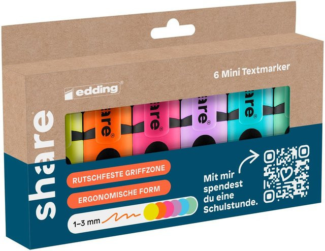 Share Mini-Textmarker Set mit Keilspitze in Mehrfarben, 6 Stück - Bild 1