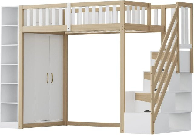 Merax Hochbett für Kinder aus Kiefernholz mit Treppe, Regal und Kleiderschrank in Weiß und Grau, B/T/H: 200 x 90 x 173 cm - Bild 1