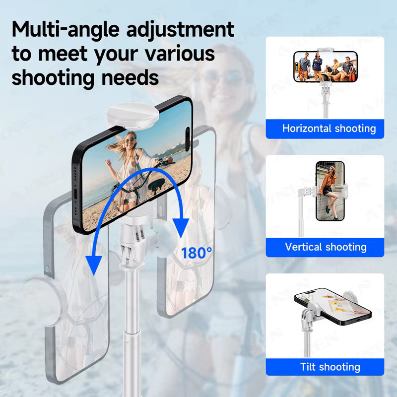 Axnen Selfie-Stick-Stativ in Weiß mit Bluetooth-Gimbal und magnetischer Fernbedienung, tragbares All-in-One Smartphone-Stativ, Höhe: 177,8 cm - Bild 5