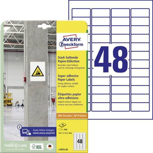 Avery Zweckform L7873-20 Kraftkleber-Etiketten Weiß, Papier, 960 Stück, B: 45,7 mm, H: 21,2 mm, permanent haftend - Bild 1
