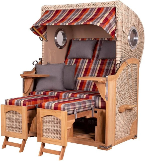 Bene Living Strandkorb Komplettset Ammersee Teak Bullauge PE Shell Modell 584 in Braun mit gestreiftem maritimen Design - Bild 1