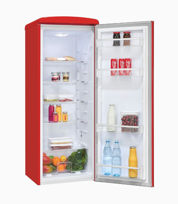 Exquisit Retro Vollraumkühlschrank RKS325-V-H-161E in Rot, Standgerät mit LED-Innenbeleuchtung und Flaschenregal, B/T/H: 58,5 x 66,5 x 146,5 cm - Bild 2