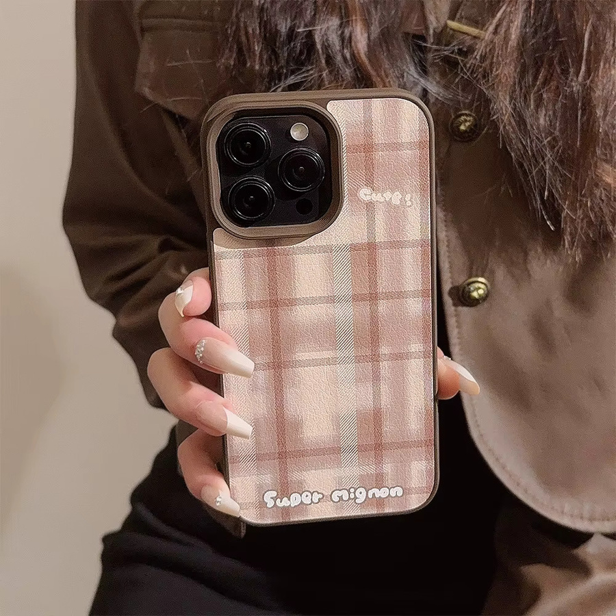 MUQGEW Handyhülle mit braunem Gittermuster und Lederstruktur für iPhone 17, 16, 15, 14, 13, 12, 11 Pro Max, stoßfeste Schutzhülle - Bild 2