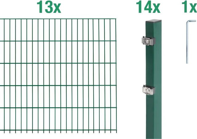 Metallzaun Grund-Set Doppelstabmatte aus Stahl, grün beschichtet, für die Bodenmontage, B/H: 2 x 0,8 m, 13 Stück - Bild 1