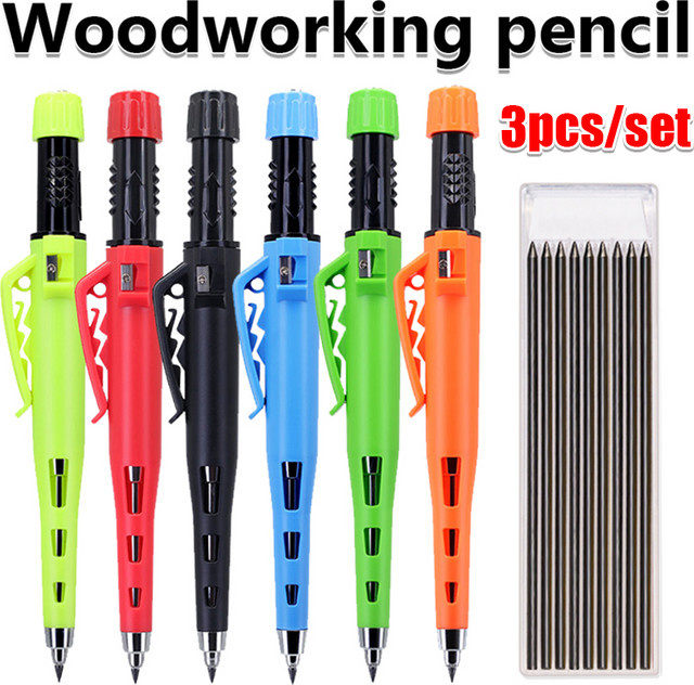 JOMPENS Tischler Bleistifte Set mit Kappe, 3er Set gelbe Holzbearbeitungsstifte mit 2,8 mm Mine und 55 mm Länge - Bild 1