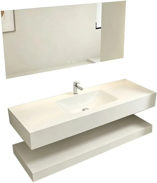 360Home Waschbecken mit LED Spiegel aus Sinterstein in Beige mit Ablageplatte, B/T/H: 130 x 55 x 15 cm - Bild 1