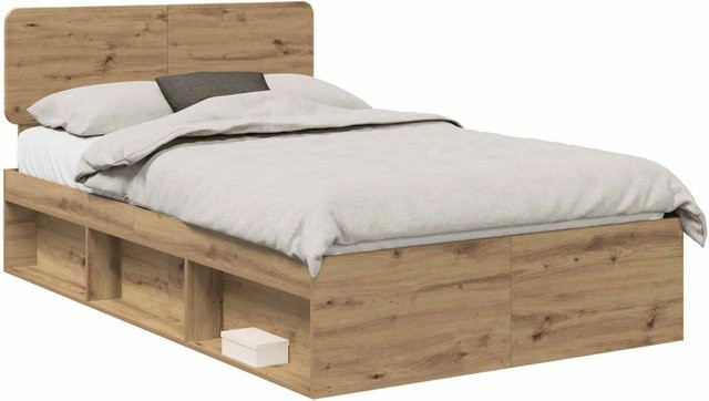 vidaXL Bettrahmen mit Kopfteil in Eiche Optik und Braun, modernes Design aus Kiefernholz und Holzwerkstoff, B/T/H: 120 x 200 x 90 cm - Bild 1