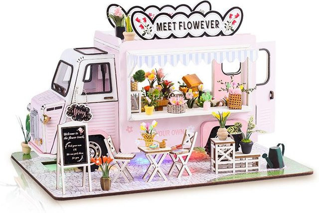 OUZEY Mini-Wohnmobil Modellbausatz, 3D Holzpuzzle, rosa, ab 14 Jahre - Bild 1