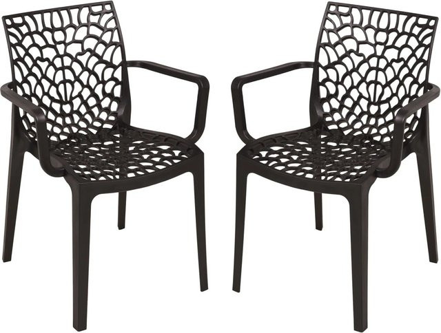 DELUKE Gartenstuhl 2er Set IVAR aus Polypropylen in Schwarz, wetterfeste stapelbare Outdoor-Stühle mit Armlehnen für Terrasse und Garten - Bild 1