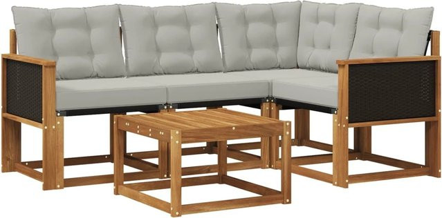vidaXL Outdoor-Sofagarnitur L-Form aus Akazienholz mit Textilene und Kissen in Hellgrau - Bild 1