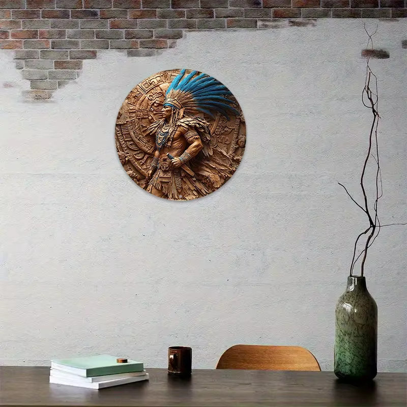 Potdemiel Azteken-Krieger Wandkunst aus Metall, rundes Retro-Metallschild in Braun, Durchmesser: 20,3 cm - Bild 5