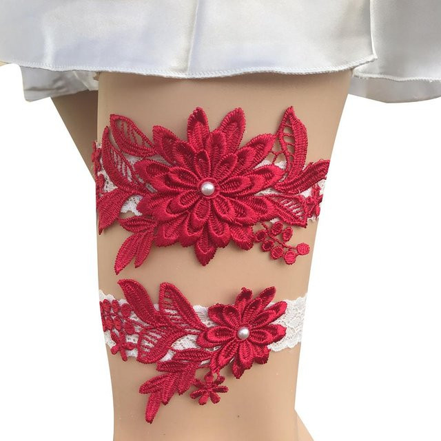 Strumpfbänder Damen, marineblau, weiß, Stickerei, Blumenmuster - Bild 1