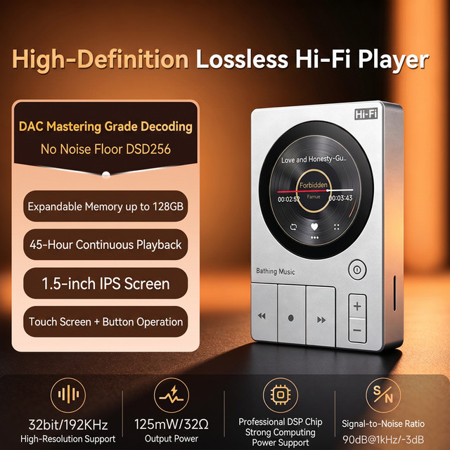Famue Hi-Fi Audio MP3-Player in Silber mit DSD256-Wiedergabe, ESS9018 Chip und 32GB Speicher für FLAC, APE und WAV - Bild 1