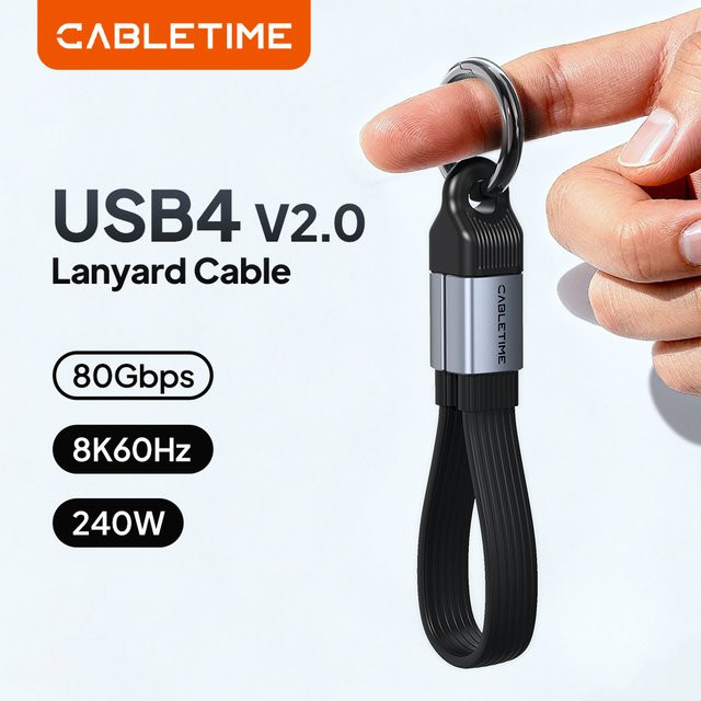 CABLETIME USB4-Kabel in Schwarz mit 240 W und 80 Gbit/s für 8K60 Hz, kurzes Typ-C-Mini-Kabel als Schlüsselanhänger - Bild 1