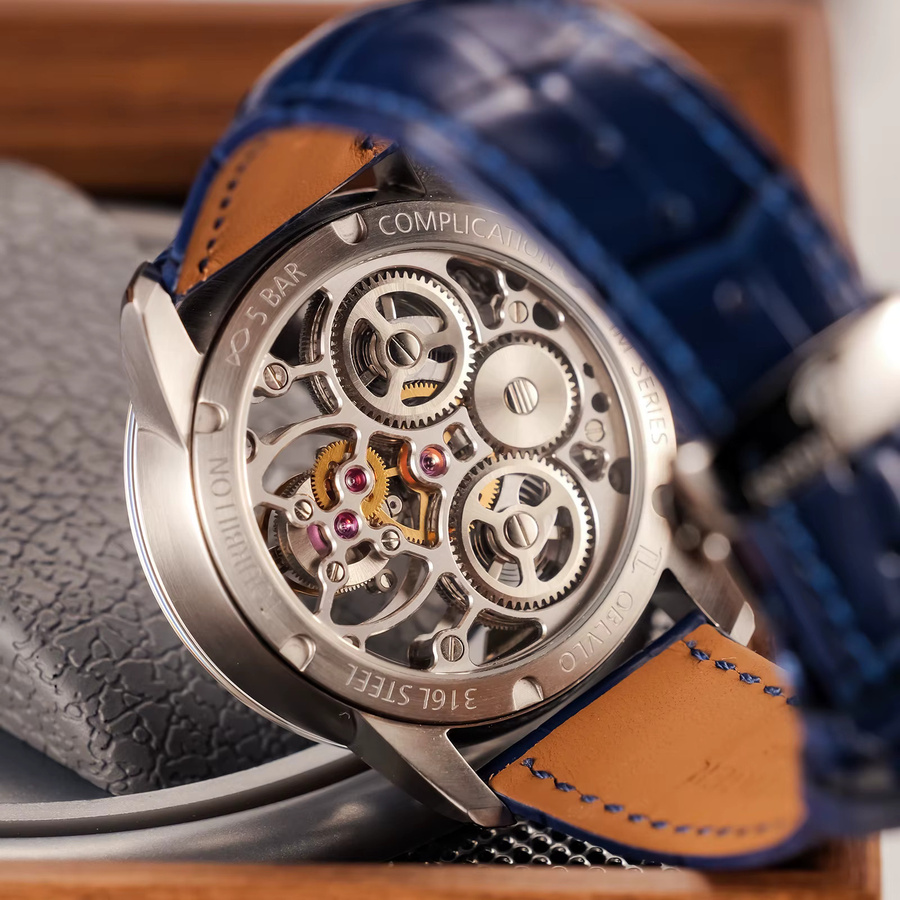 Oblvlo Armbanduhr Tourbillon, mechanisch, Edelstahl, blau, Leder, Herren - Bild 5