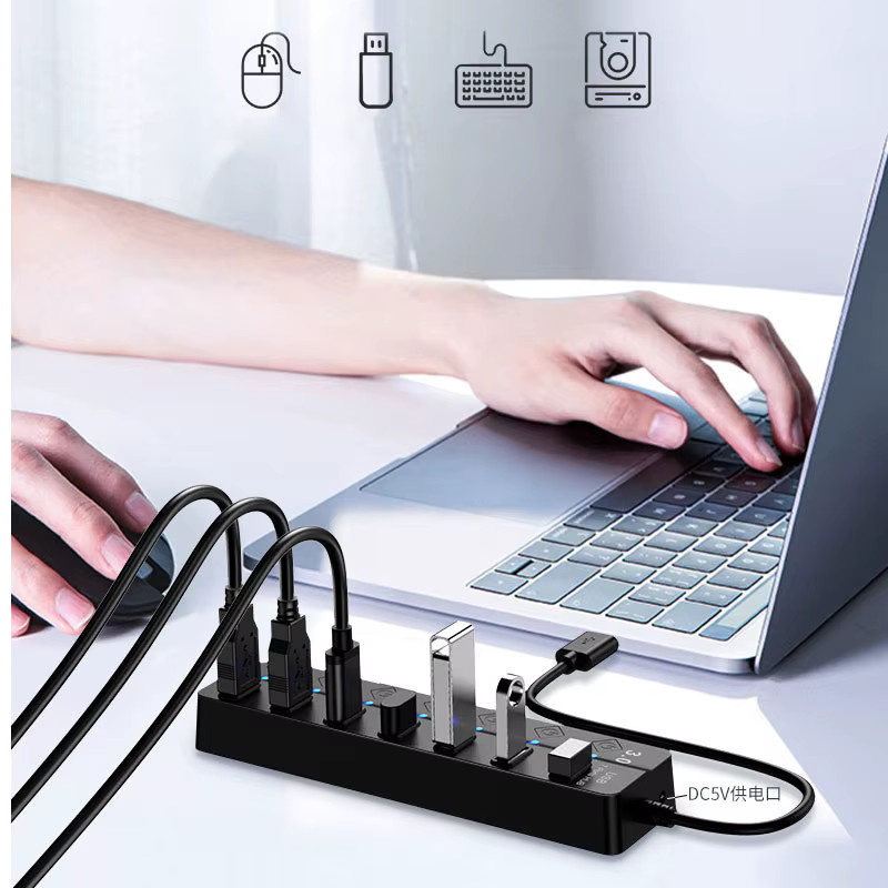 Mrgabwte 7 in 1 USB Hub mit USB 3.0 und USB 2.0 Anschlüssen, Tragbarer USB Splitter mit Ein/Aus Schalter, Schwarz - Bild 6
