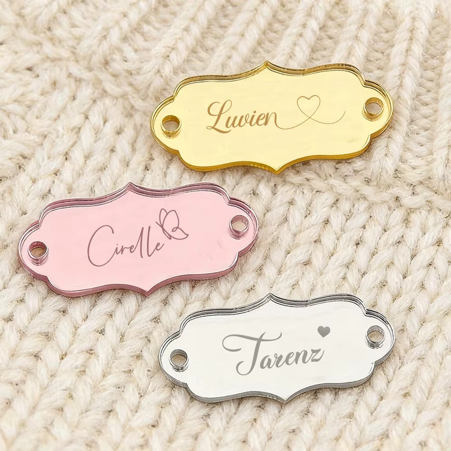 5 Stück personalisierte Acryl-Spiegel-Etiketten aus Kunststoff, lasergravierte Kleidungsetiketten für Strickwaren und Hochzeiten in Silber und Gold - Bild 2