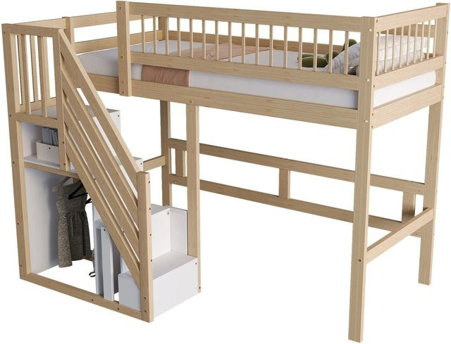 okwish Massivholzbett für Kinder aus Kiefernholz mit Treppe und Aufbewahrungsschrank, B/T/H: 90 x 200 x 170 cm, Naturbelassen - Bild 1