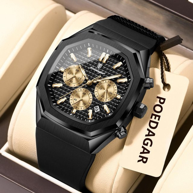 POEDAGAR Herrenuhr, Quarz, Edelstahl, 42 mm, Schwarz, Silikon - Bild 1