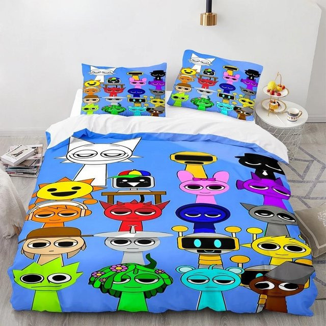 Musikspiel Sprunki Bettwäscheset aus Mikrofaser mit Cartoon-Design, 1 Bettbezug und 2 Kissenbezüge, B/H: 90 x 200 cm, Mehrfarbig - Bild 1