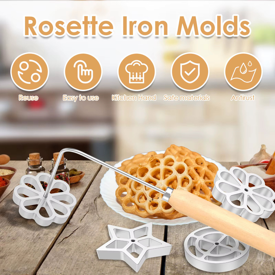 3-teiliges Bunuelos-Form-Set aus silberfarbener Aluminiumlegierung mit antihaftbeschichteten Rosettenformen und Holzgriffen - Bild 2