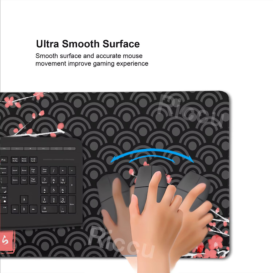 Riccu XXL Mauspad mit Sakura-Muster in Schwarz und Multicolour, rutschfeste Schreibtischunterlage für Gamer und Büro - Bild 4