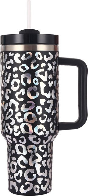 Yiran Furniture Thermosbecher mit Leopardenmuster und Griff aus Edelstahl, 40oz, Farben: Grau, Orange, Schwarz, Beige - Bild 1