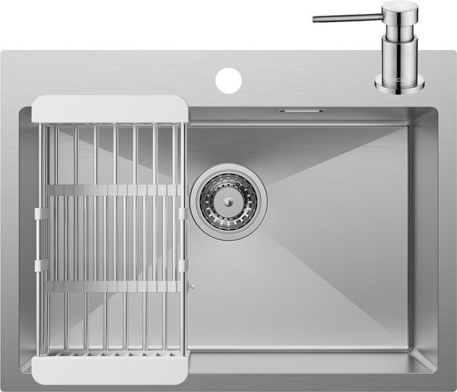 Küchenspüle aus Edelstahl von CECIPA max in Silber mit einem Becken, Seifenspender und ausziehbarem Abflusskorb, B/T: 60 x 45 cm - Bild 1