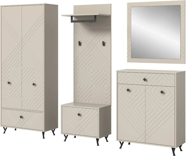Inn.Furn Garderoben-Set Apunti in Sand, 5-teilig mit Schuhschrank, Garderobenpaneel, Sitzbank, Garderobenspiegel und Schuhkommode, Breite: 250 cm - Bild 1