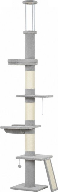 PawHut Kratzbaum Deckenhoch höhenverstellbar, grauer Katzenbaum mit 5 Etagen, Hängematte, Sisal-Kratzstämmen und Plattformen für Katzen bis 5 kg, Aosom - Bild 1
