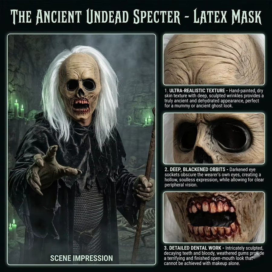 patygr Geisterhaus Zombie-Schädel Maske, Zubehör, Weiß, Gummi - Bild 3