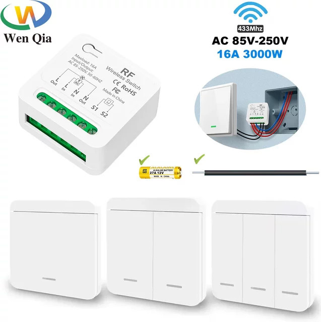 WenQia Wireless Smart Licht Schalter 433 MHz mit 86 Panel Fernbedienung, Mini Relais Empfänger für Lampen, Weiß - Bild 1