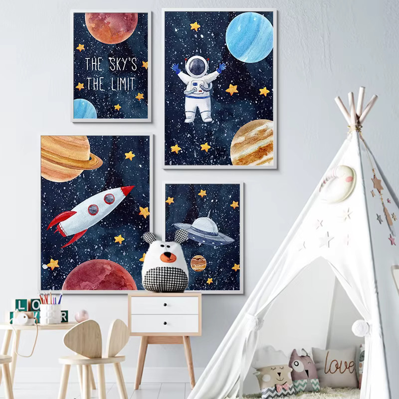 Potdemiel Wandbild Astronaut mit Rakete, Mond und Sternen im Nordic Design, Mehrfarbige Leinwand Kunst für das Kinderzimmer - Bild 3