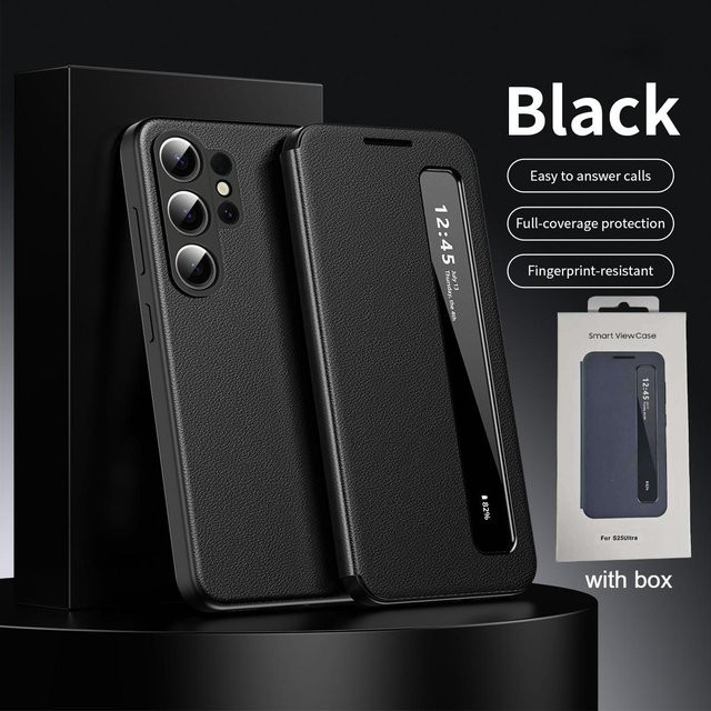 Samsung Business Lederhülle mit Klarsichtfenster für Galaxy S26 Ultra S25 S24 S23 S22 Plus S25FE Edge Flip in Schwarz - Bild 1