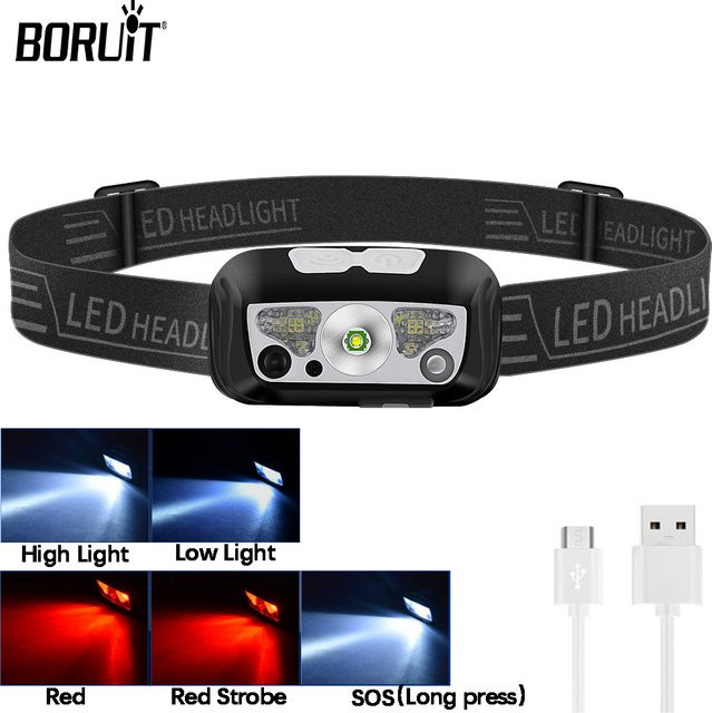 Boruit B12 Mini LED Sensor Arbeitsscheinwerfer, USB wiederaufladbare Stirnlampe mit 5 Lichtmodi, Schwarz - Bild 1