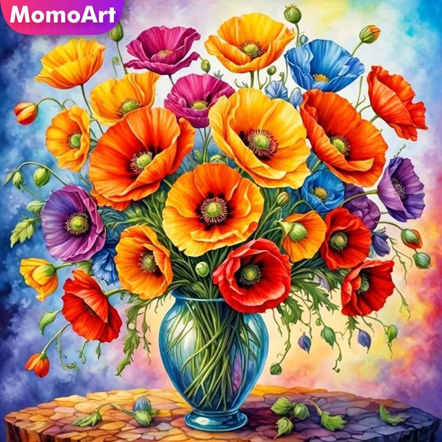 Momoart DIY Diamant-Mosaik Set Mohnblumen in der Vase, bunte Diamant-Stickerei für die Heimdekoration, B/B/H: 20 x 20 x 20 cm - Bild 1