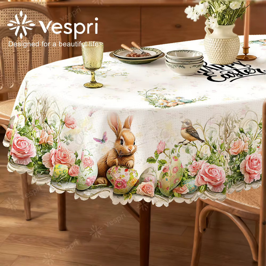 Vespri Oster-Tischdecke aus Polyester in Weiß und Hellgrün mit Hasen-, Vogel- und Blumenmuster für deine Osterdekoration - Bild 2