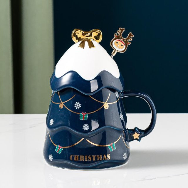 Yiran Furniture Weihnachtstasse aus Keramik mit Deckel, Blau, 450,5 ml - Bild 1