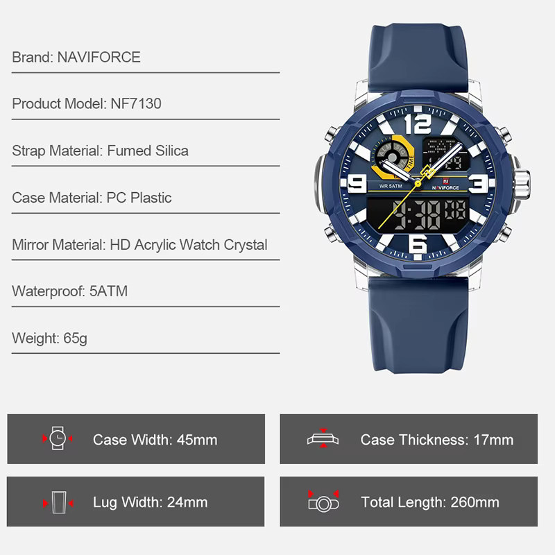 NAVIFORCE Armbanduhr, Quarz, Analog-Digital, Silikon, 5 ATM, Herren, Schwarz - Bild 3