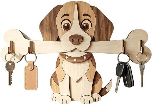 Rustikaler Wandmontierter Holz-Schlüsselhalter von Home Kits in Braun mit Hund und knochenförmigen Haken für Flur und Eingangsbereich - Bild 1