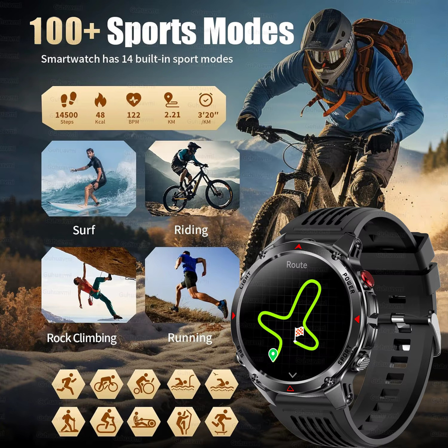GUHUAVMI Militärische GPS Smartwatch mit 1,46 Zoll HD AMOLED Display, Wasserdichtes Outdoor-Sport Fitness Armband in Schwarz - Bild 5