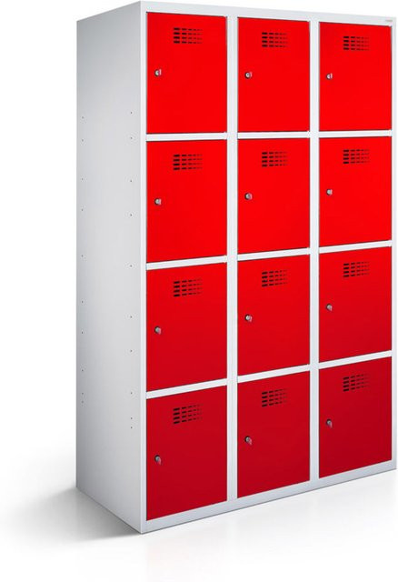 rotstahl Fächerschrank mit 12 Fächern (3x4), Korpus lichtgrau und Türen rot, B/T/H: 120 x 50 x 180 cm - Bild 1
