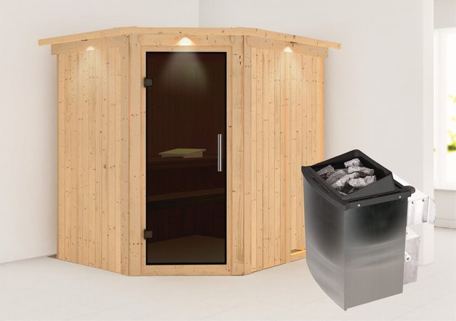 Karibu Sauna Swenna in Graphit inklusive 9 kW Ofen mit integrierter Steuerung, Dachkranz und Glastür - Bild 1