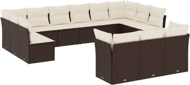 vidaXL 13-tlg. Garten-Sofagarnitur in U-Form aus Polyrattan in Braun mit cremeweißen Kissen und Stauraum - Bild 1